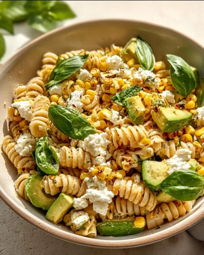 Ensalada de pasta con elote callejero, fresca y deliciosa, perfecta para compartir.
