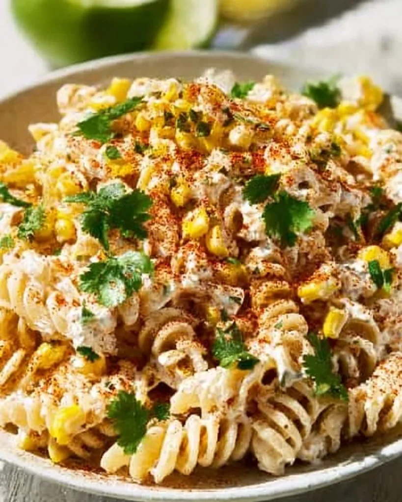 Ensalada de pasta con maíz callejero en un plato colorido