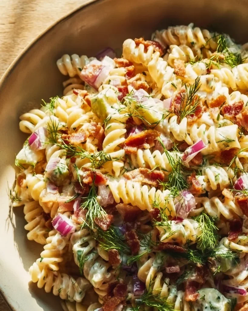 Ensalada de pasta con tocino y pepinillos en vinagre en un plato colorido
