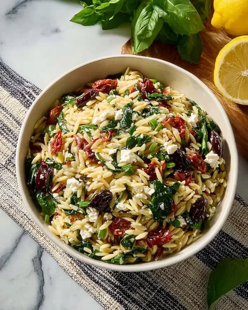 Ensalada de pasta orzo con feta y tomates secos al sol
