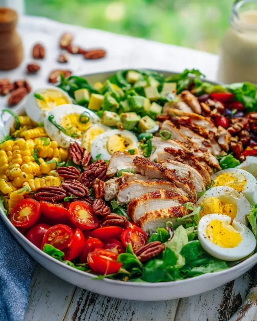 Ensalada de pollo a la parrilla con aderezo de cebolla dulce casero, plato saludable y delicioso.