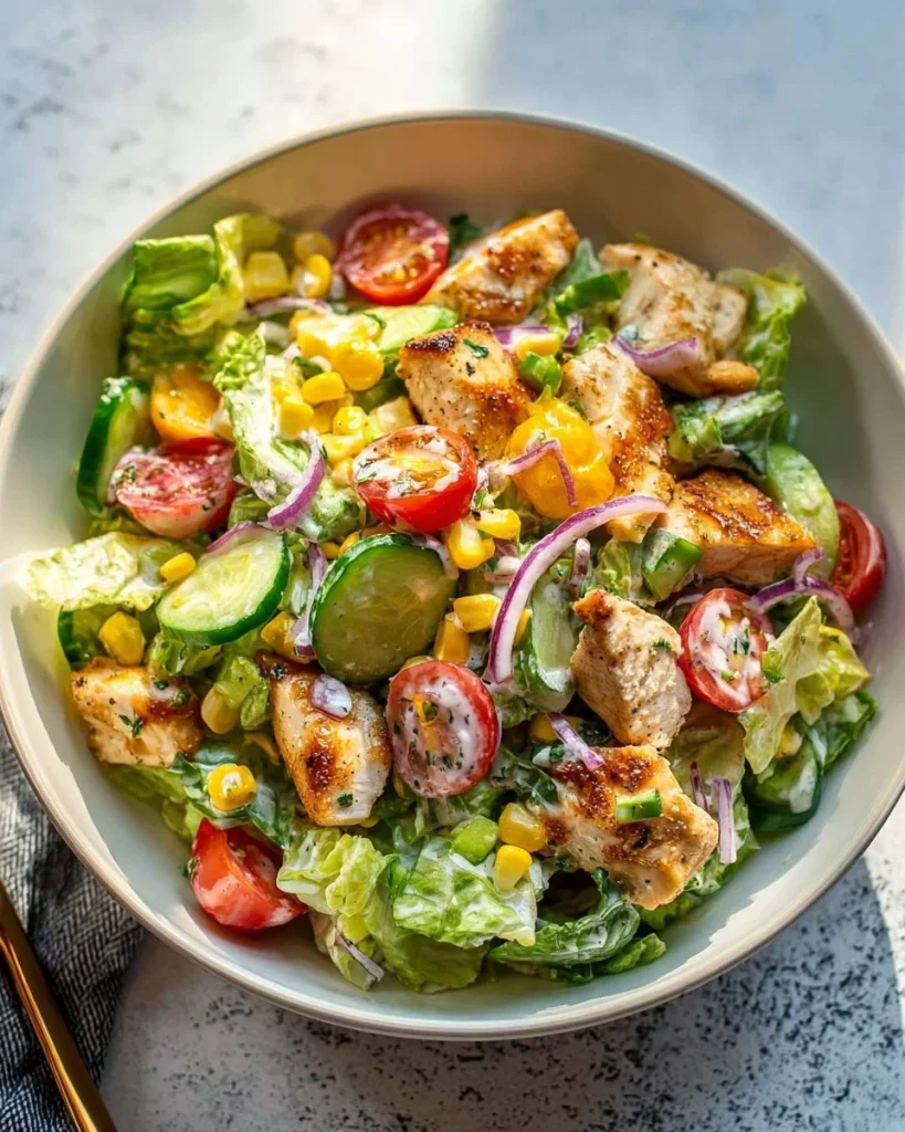 Ensalada de pollo ranchera saludable con ingredientes frescos y coloridos