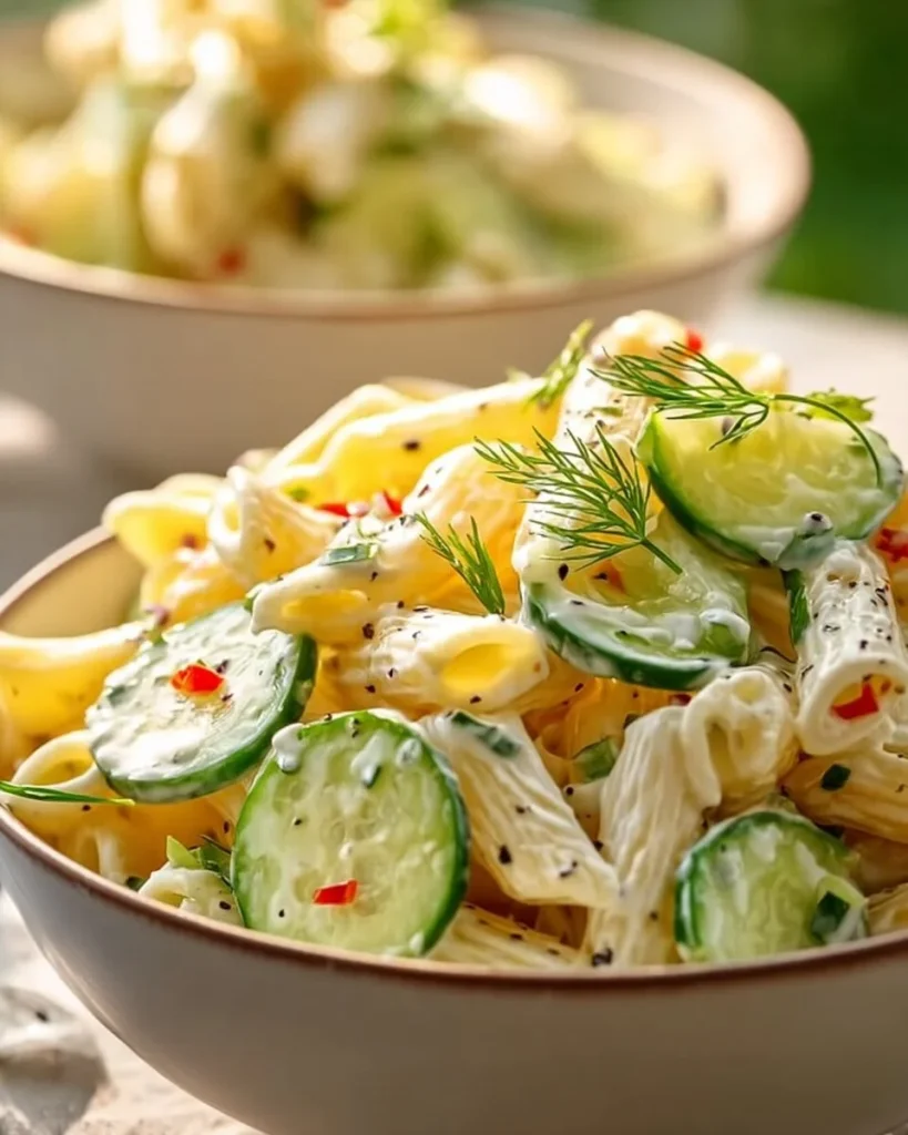Ensalada de pasta con pepino, ingredientes frescos y colores vibrantes