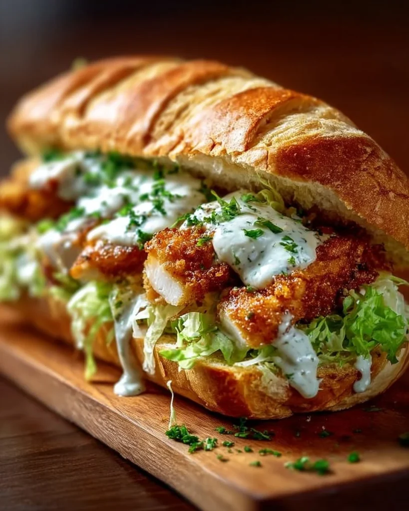 Sándwich césar de pollo crujiente presentado en un plato