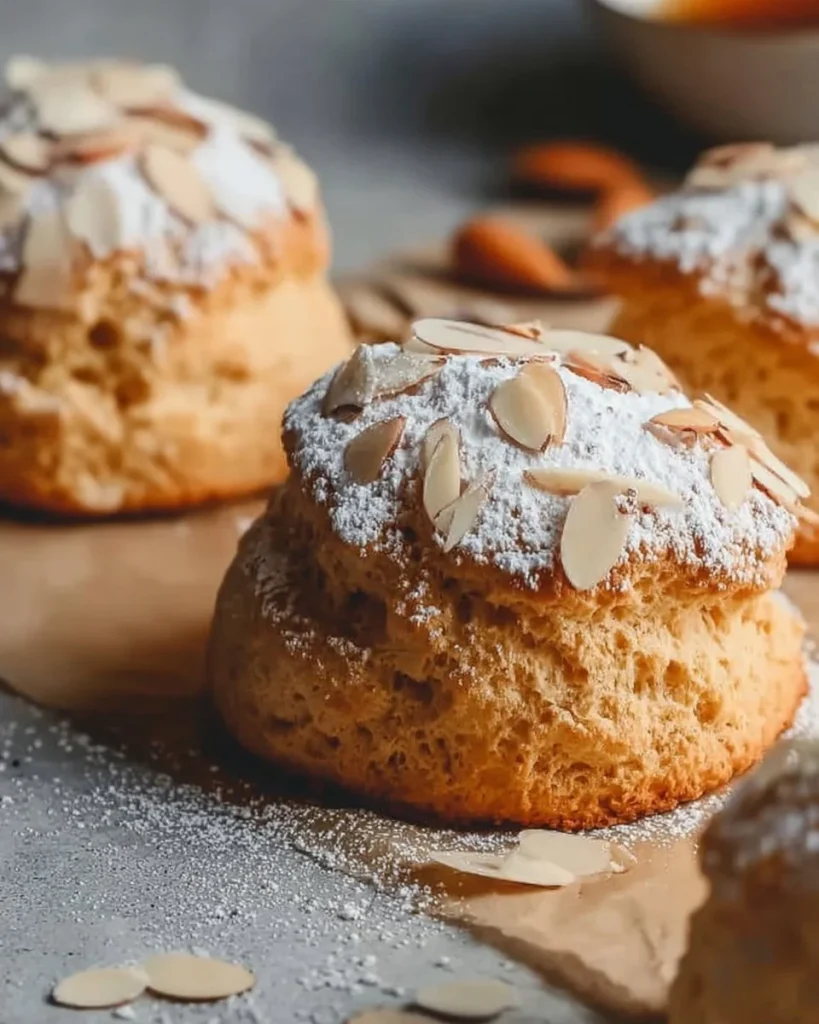 Scones de almendra recién horneados, dorados y deliciosos.