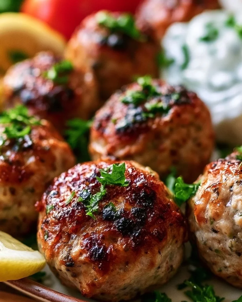 Albóndigas de pavo griegas servidas con salsa tzatziki
