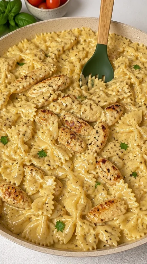 Plato de Alfredo de pollo sin lácteos, presentado con ingredientes frescos.