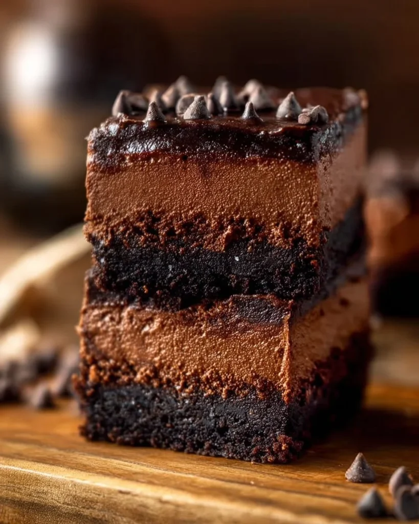 Deliciosas barras de cheesecake de chocolate, un dulce irresistible.