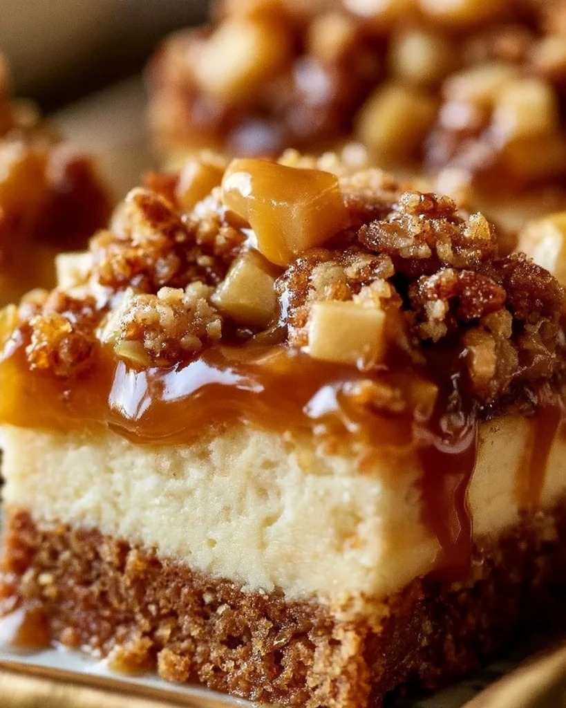 Barras de cheesecake de manzana caramelizada con un toque dulce y cremoso.