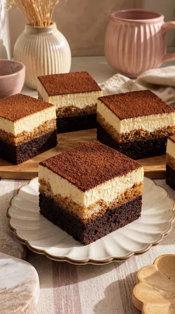 Deliciosos brownies de tiramisú con capas cremosas y aroma de café.