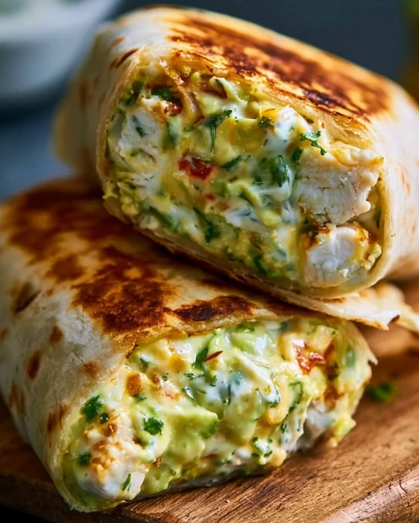 Burritos de pollo con aguacate y salsa ranch en un plato