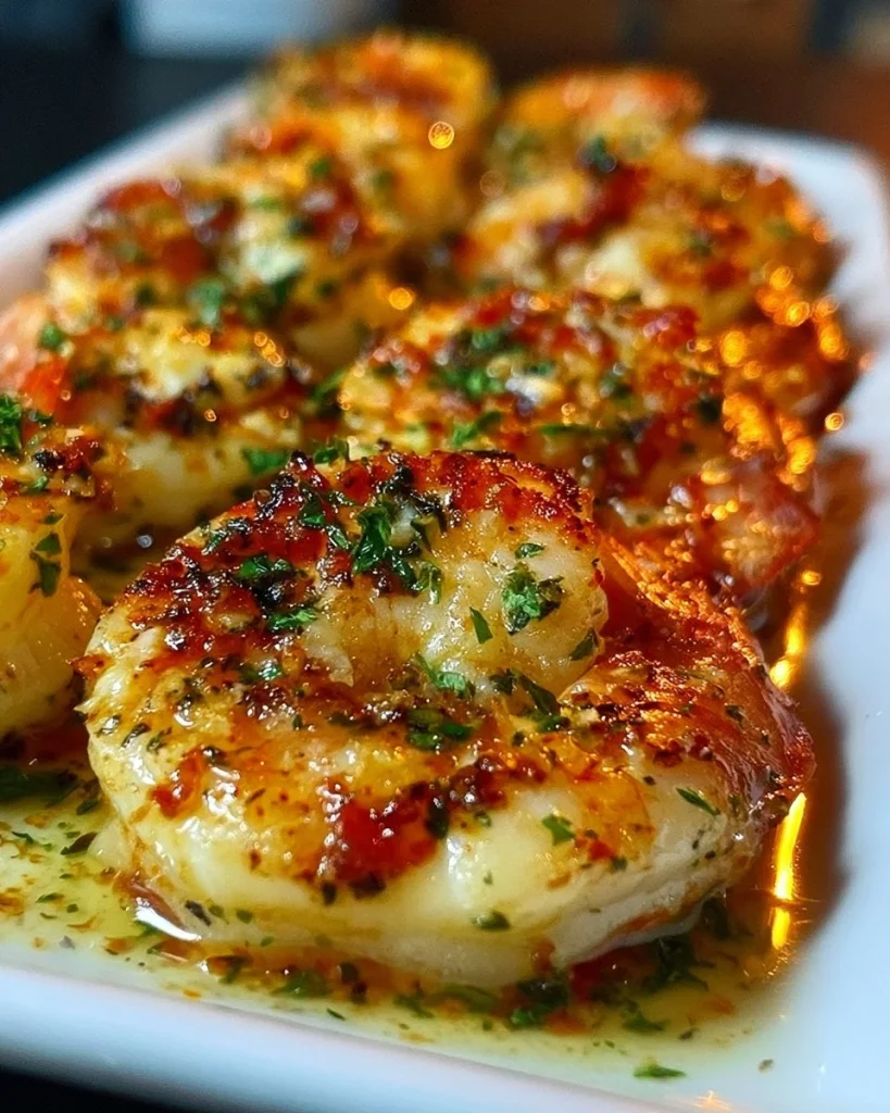 Camarones asados con ajo y parmesano en un plato delicioso