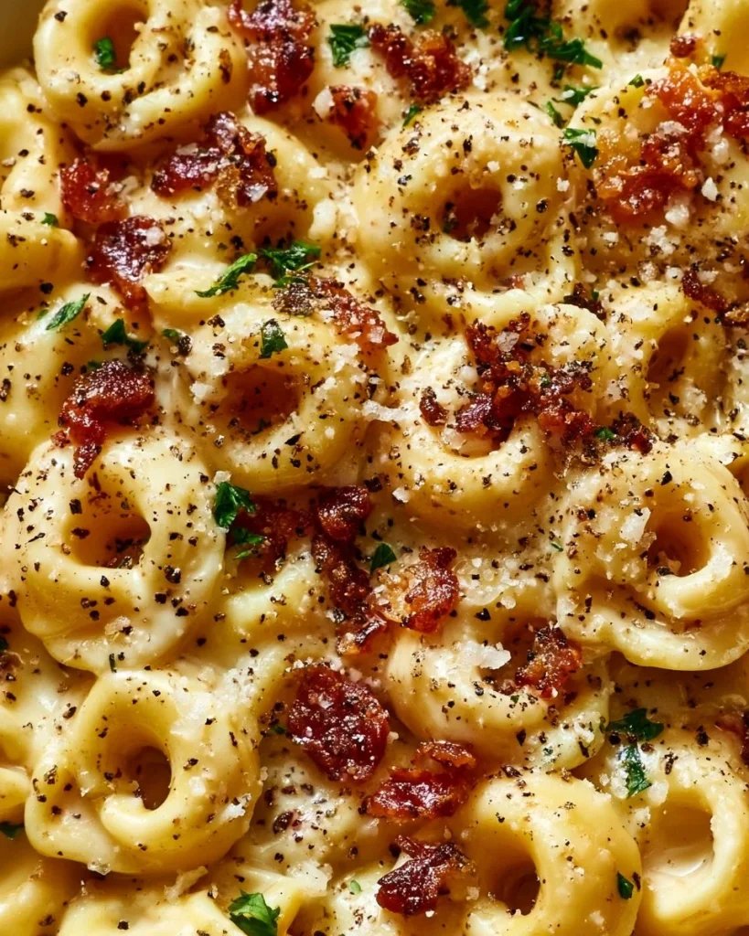Plato de Carbonara de Tortellini Cremoso en un recipiente elegante