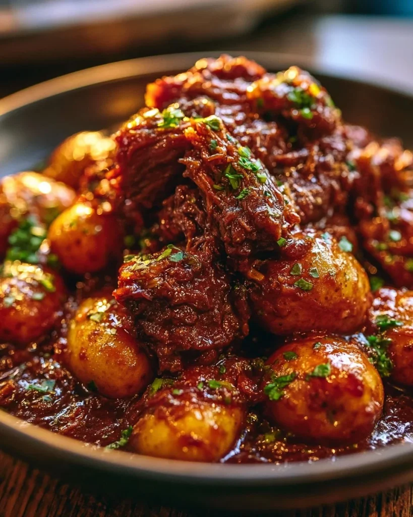 Carne de res con mantequilla de ajo y papas en olla de cocción lenta