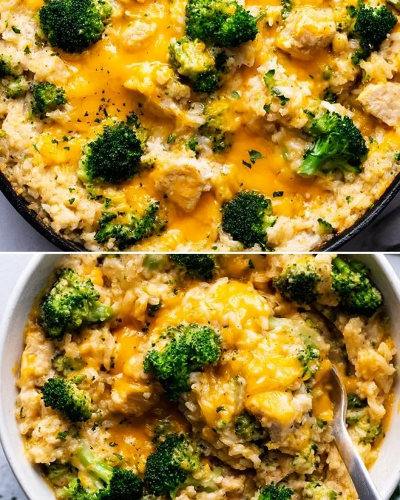 Casserole de pollo y arroz con brócoli preparado en una fuente de vidrio