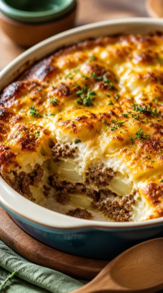 Cazuela de papas con hamburguesa y queso
