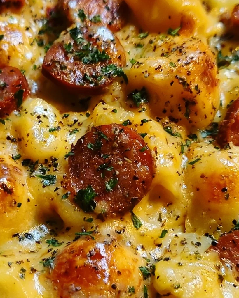 Cazuela de papas con queso y salchicha kielbasa, un plato reconfortante y sabroso.
