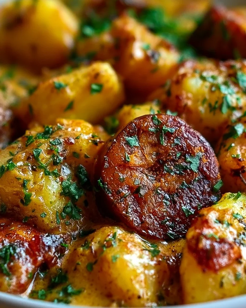 Cazuela de Patatas con Queso y Salchicha Kielbasa recién salida del horno