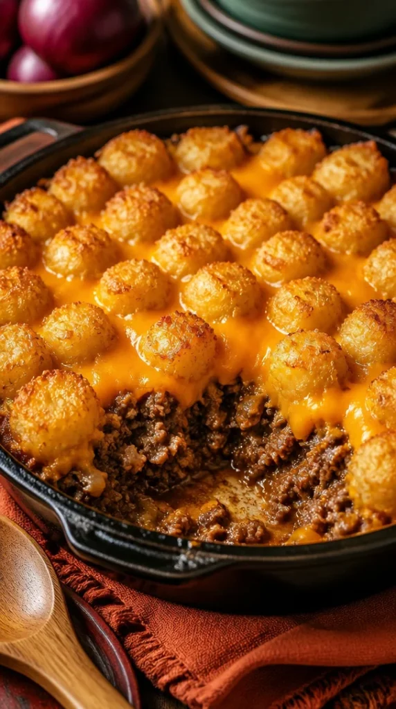 Cazuela de tater tots con carne molida, un plato delicioso y fácil de hacer.
