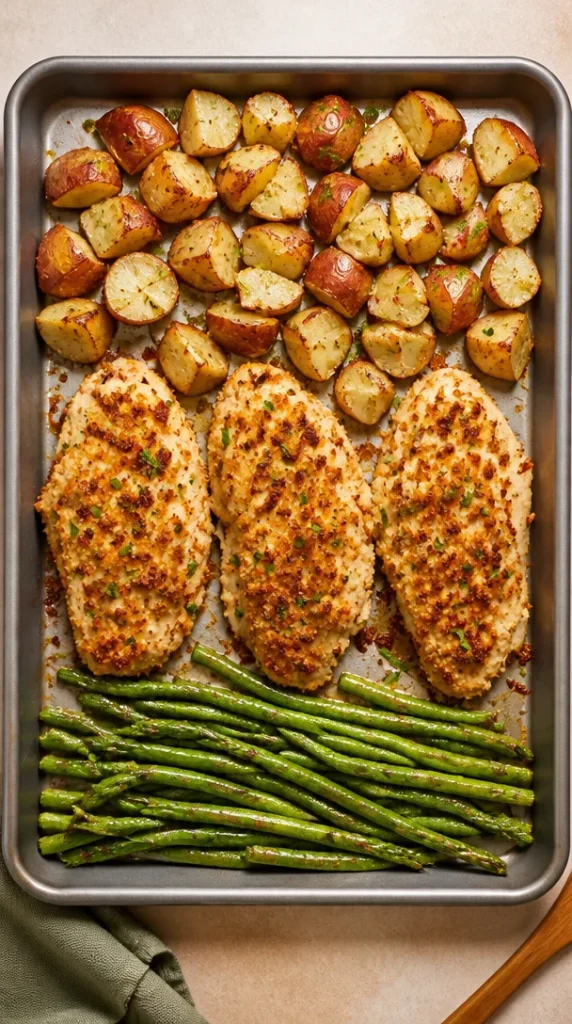 Plato de pollo con costra de parmesano listo para hornear