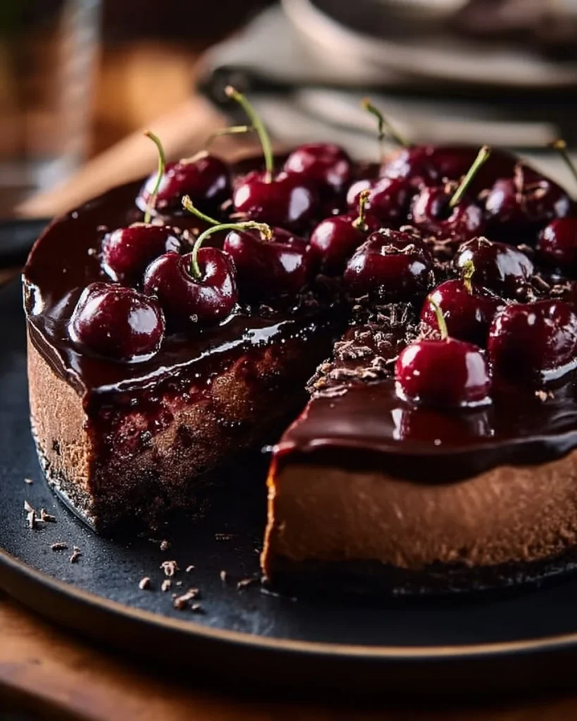 Cheesecake de chocolate con cerezas ácidas decorado y servido en un plato