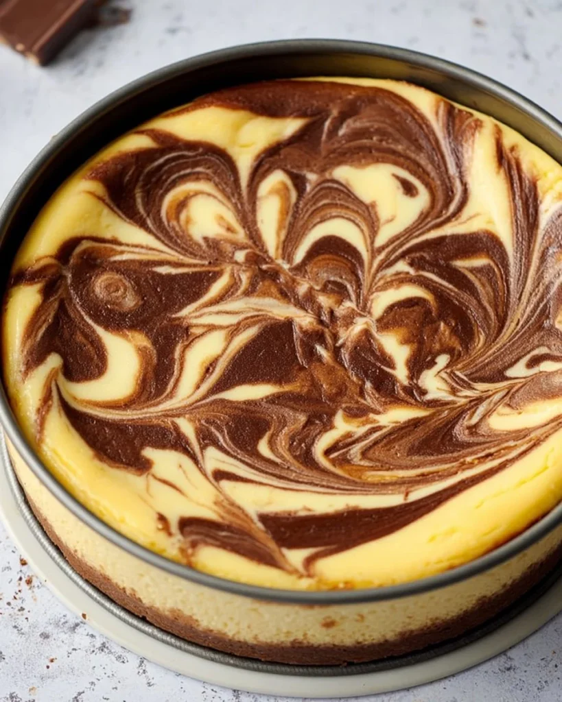 Cheesecake Marmoleado decorado con salsa de chocolate y frutas.