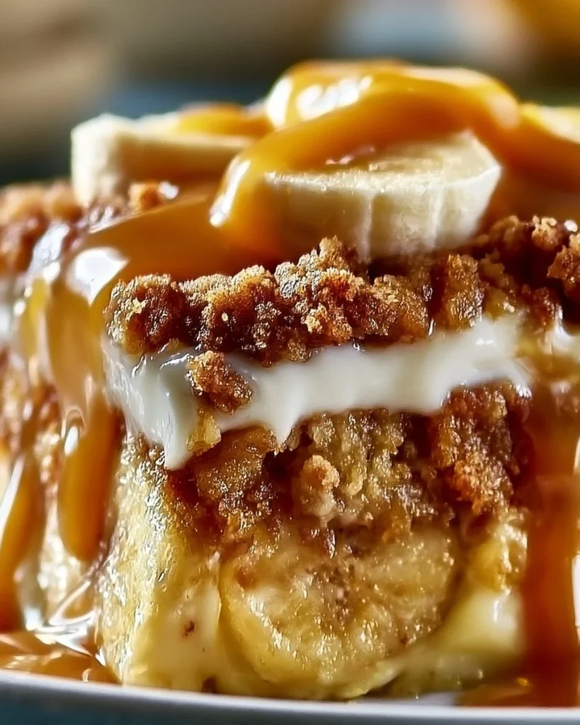 Cobbler de plátano recién horneado con trozos de plátano y crumble dorado.