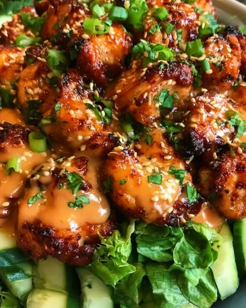 Delicioso tazón de pollo bang bang listo para disfrutar.