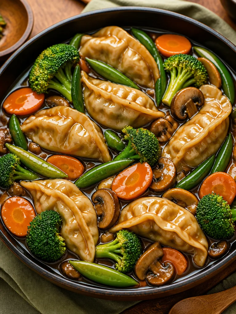Salteado de potstickers recién preparado con verduras y salsa.