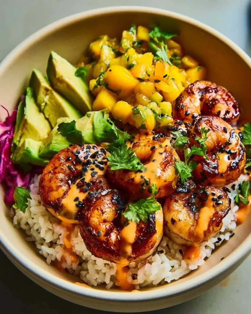 Tazón de camarones asados con aguacate, ideal para una comida fresca y deliciosa.