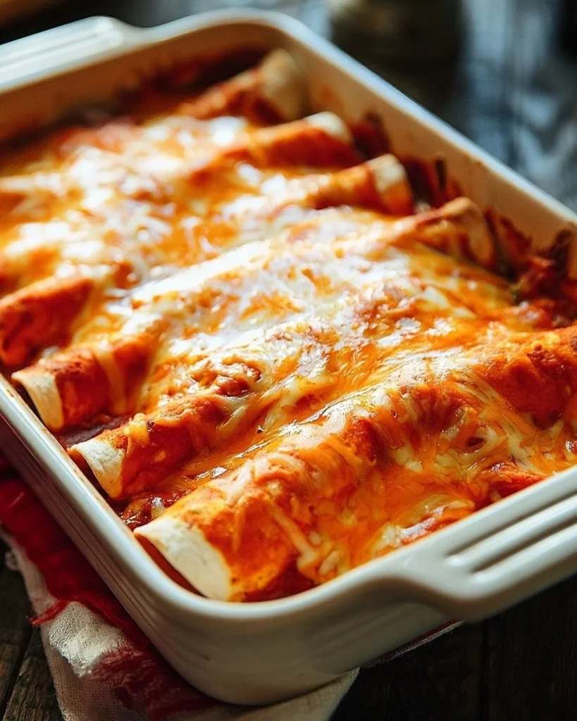 Plato de enchiladas de carne de res con salsa roja y guarniciones