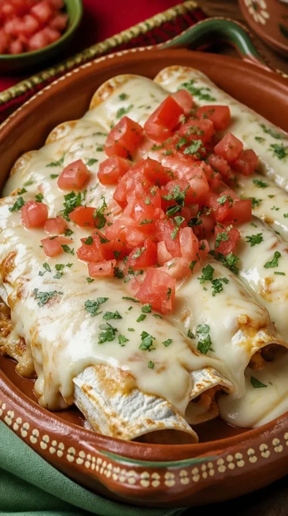 Enchiladas de pollo con queso servidas en un plato colorido