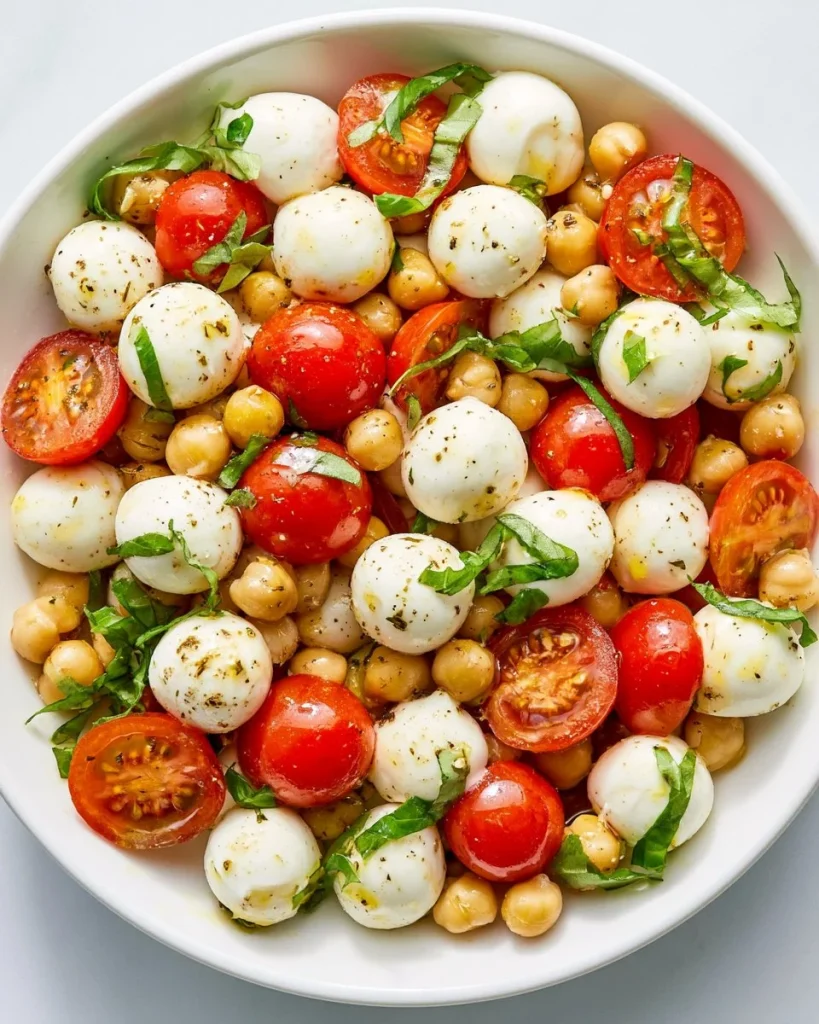 Ensalada caprese de garbanzos con tomates, albahaca y mozzarella