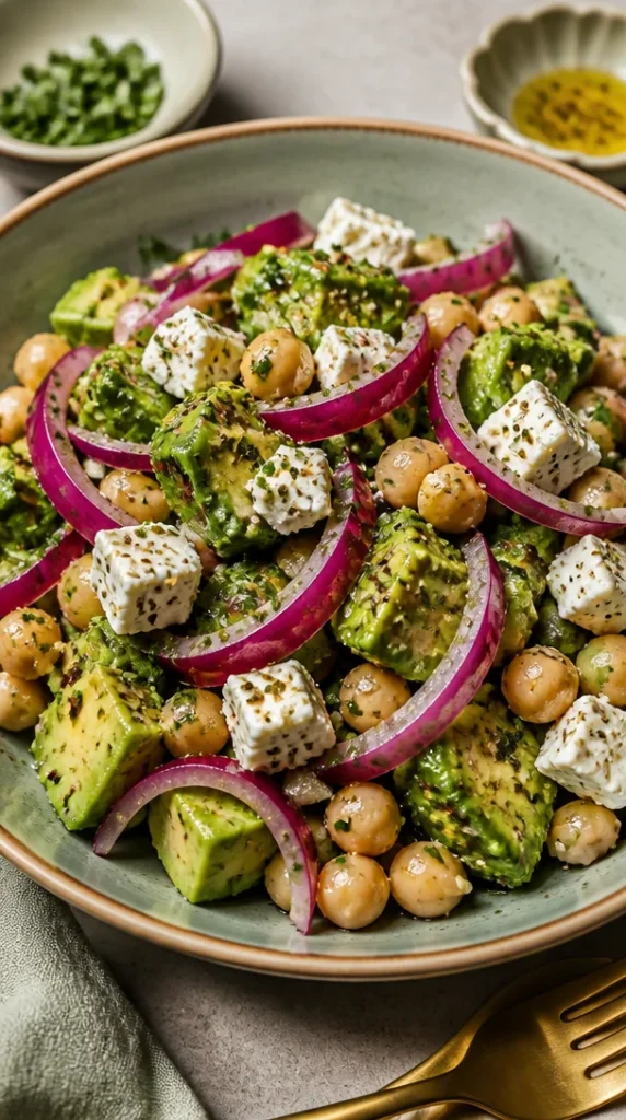 Ensalada de garbanzos con feta y aguacate en un plato colorido