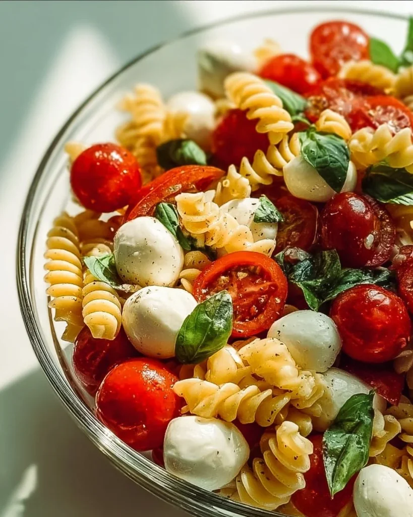 Ensalada de pasta Caprese colorida con tomate, mozzarella y albahaca