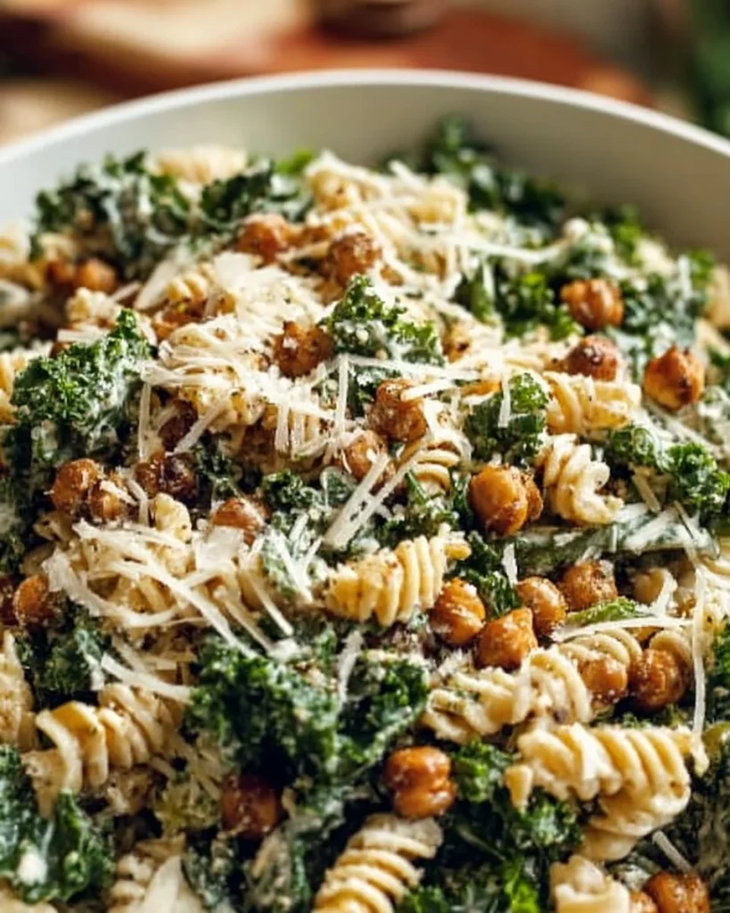 Ensalada de pasta César con kale fresca y colorida.