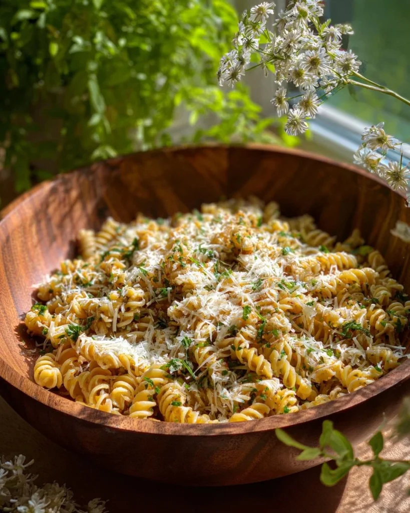Ensalada de pasta con maíz callejero en un plato colorido y fresco.