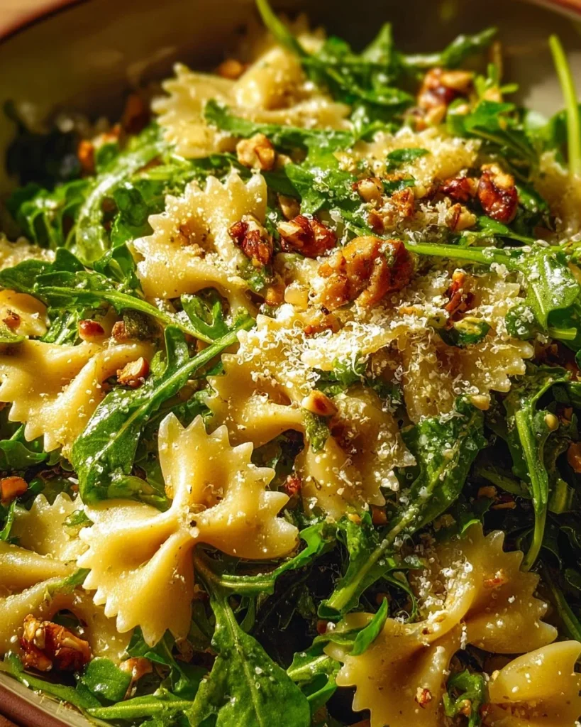 Ensalada de pasta con rúcula y limón picante, fresca y deliciosa.