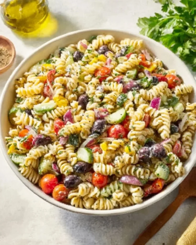 Ensalada de pasta cremosa fácil preparada con ingredientes frescos y sabrosos.