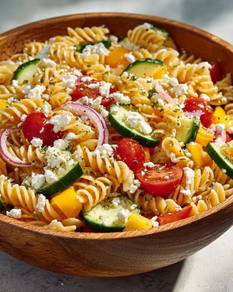 Ensalada de pasta griega alta en proteínas con vegetales frescos y aderezo saludable