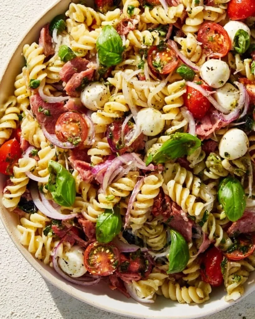 Ensalada de pasta italiana fresca con vegetales coloridos y aderezo.