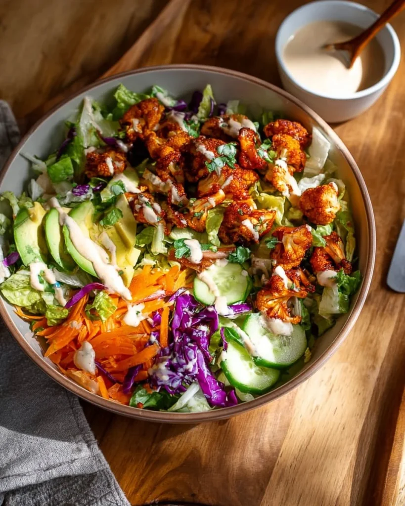 Ensalada de pollo buffalo con aderezo picante y ingredientes frescos.