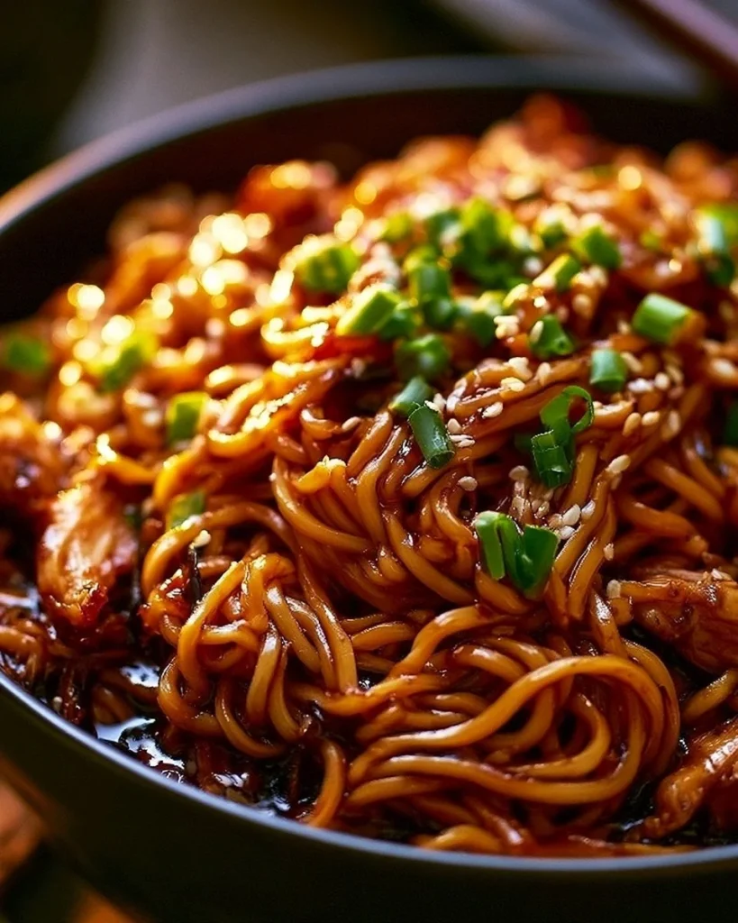 Plato de fideos de pollo con ajo pegajoso, una receta deliciosa y sencilla.