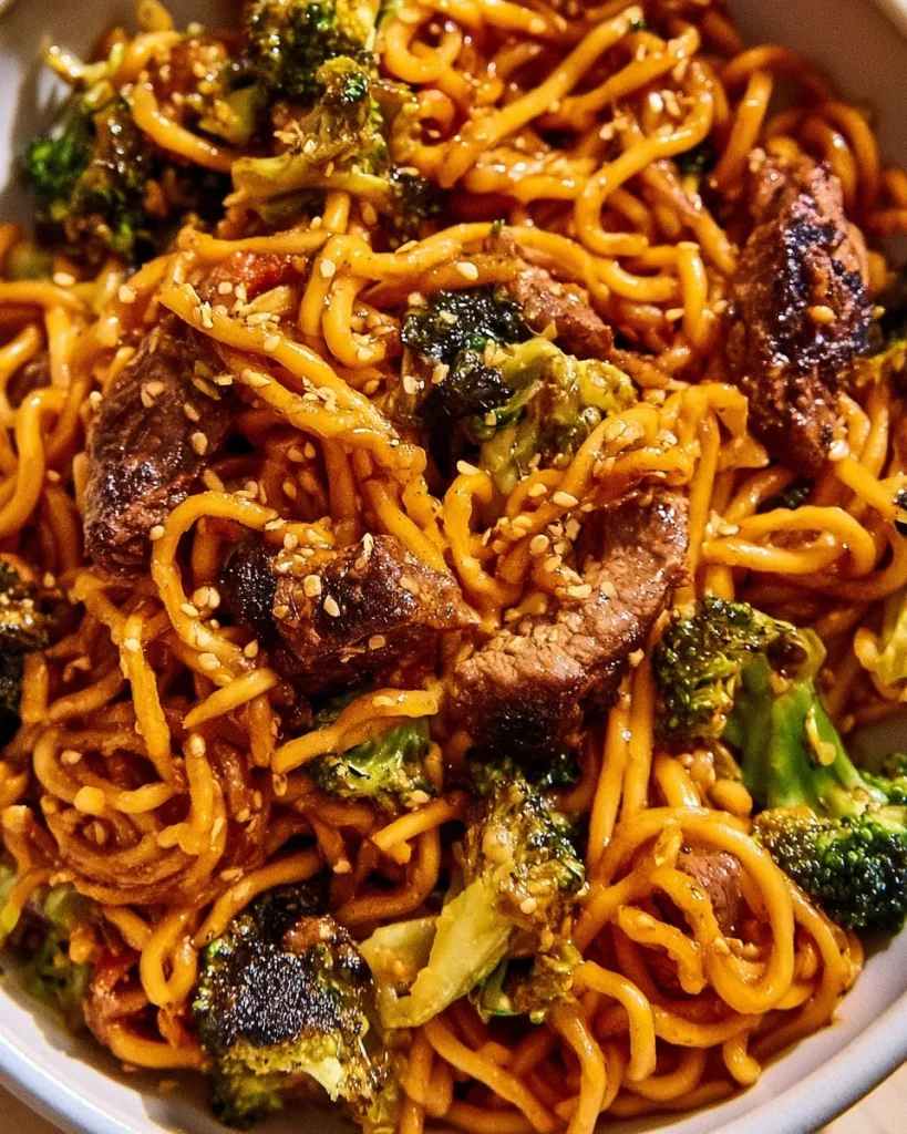 Plato de Fideos Lo Mein de Carne de Res y Brócoli