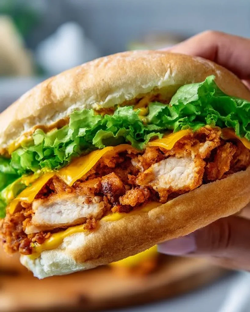 Hamburguesa de pollo crujiente picante servida en un plato con acompañamientos.