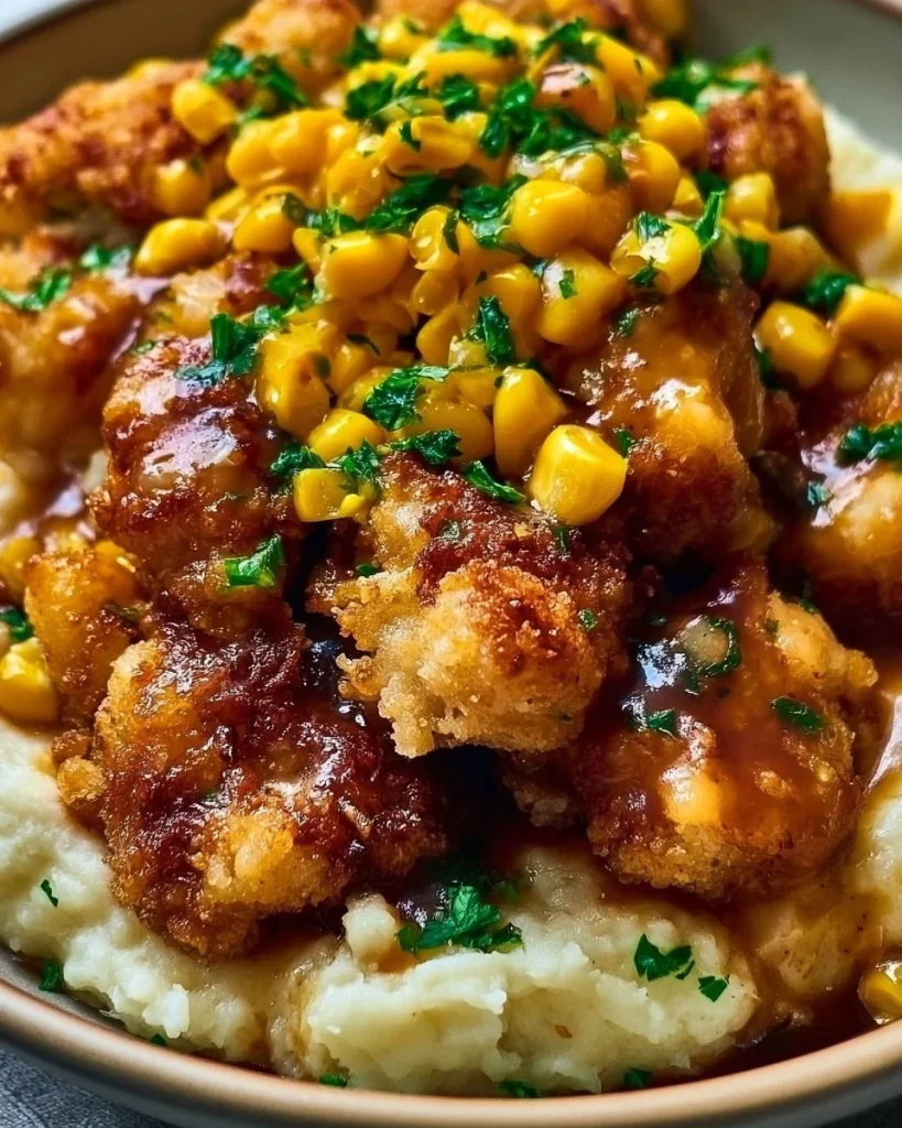 Tazón de pollo casero con puré de papas en un plato colorido