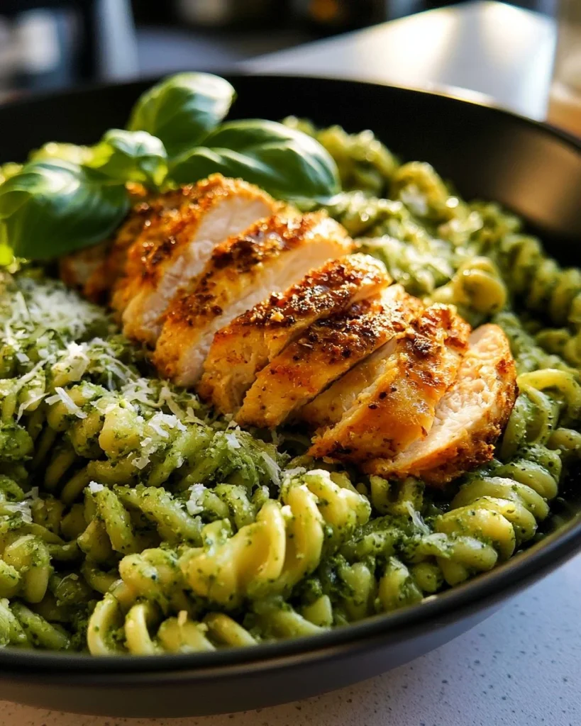 Plato de Pasta al Pesto con Pollo Crujiente de Parmesano