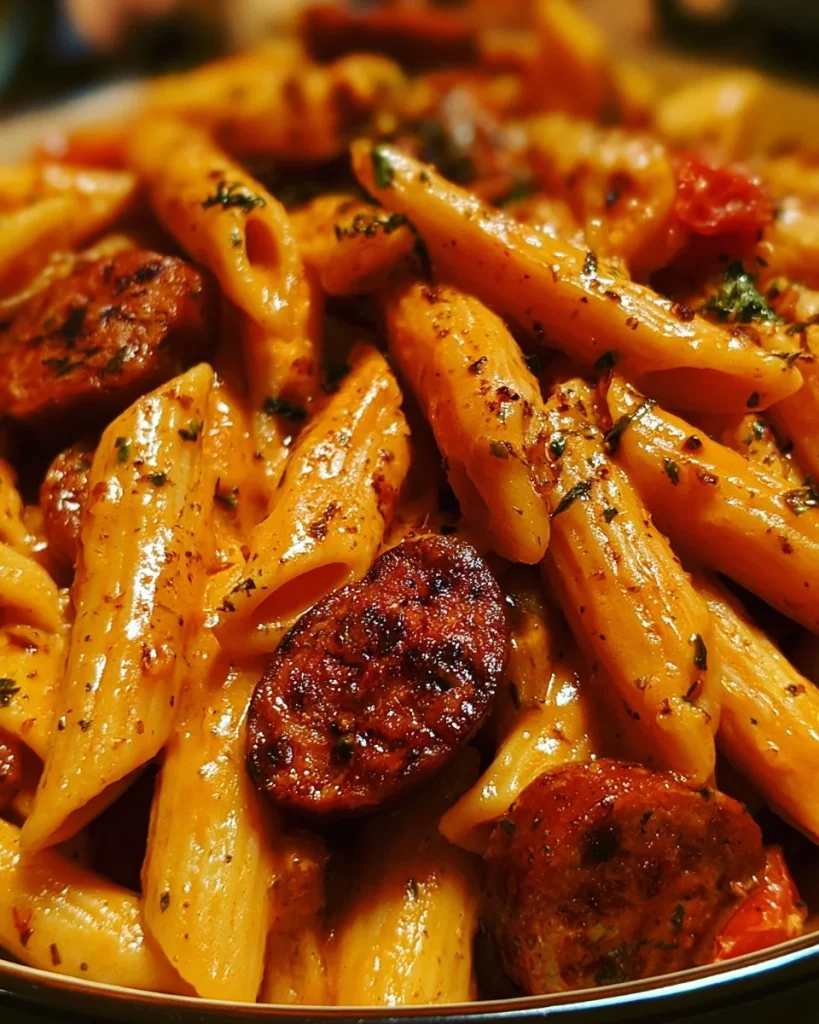 Plato de Pasta Cajún Cremosa Picante con Salchicha en una Olla