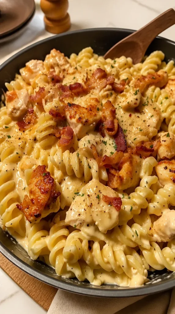 Plato de Pasta con Pollo, tocino y salsa ranch
