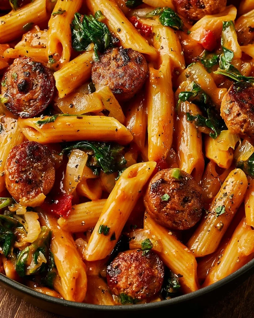 Plato de Pasta con Salchichas Cajún servido en un tazón.
